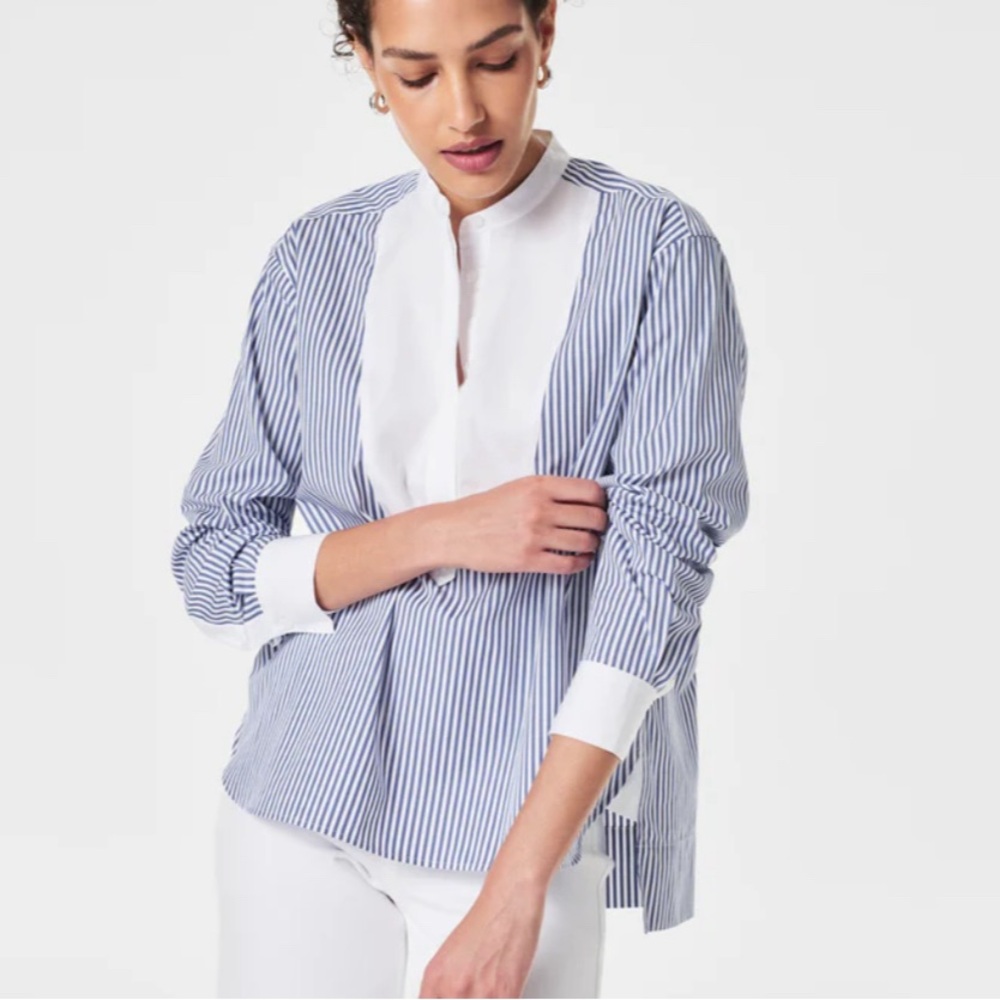 SPANX Blue and White Striped Blouse
